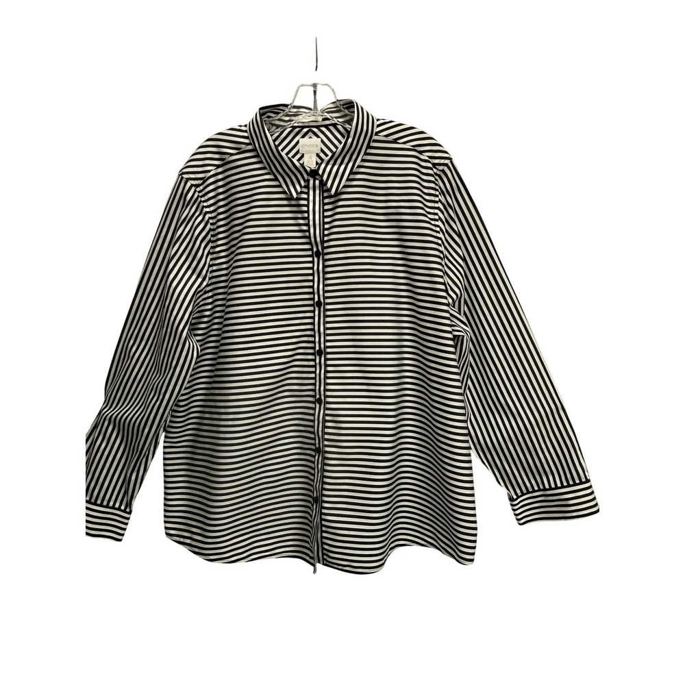 Chicos Womens No-Iron Striped Button Down Shirt Black White Cotton Size 4 XXL